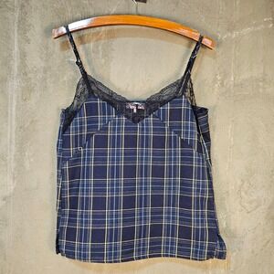Grunge Dark Academia Navy Plaid Lace Cami Twilight Indie Sleaze‎ Y2K Schoolgirl